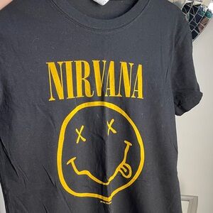 NIRVANA Black Tee with Yellow Logo and Smile Face